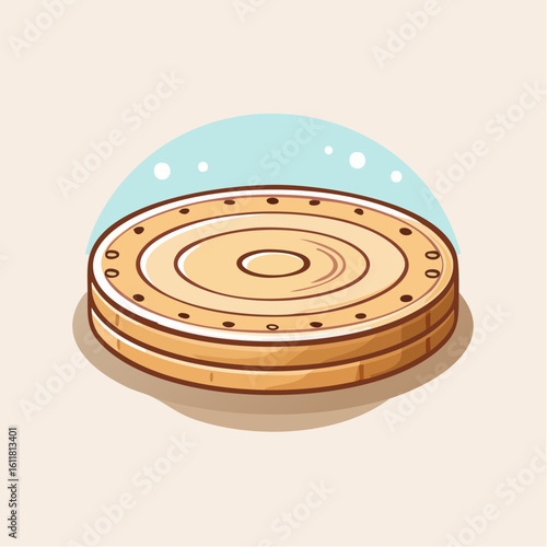 Stylized cartoon illustration of a round layered carrom striker with decorative dots and concentric circles.