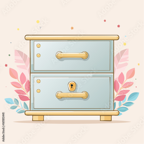 Cute illustrated two-drawer filing cabinet with golden handles and a keyhole.