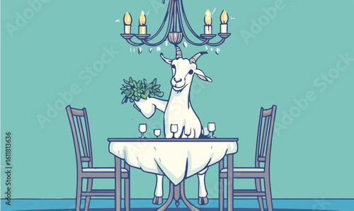 Charming goat hosts elegant dinner party with fresh greenery and sparkling wine glasses