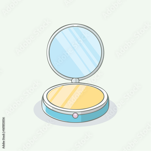 Pastel blue cartoon makeup compact open to reveal a mirror and yellow face powder.