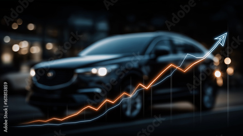 Automotive Market Growth: Dynamic image of a car against a blurred urban backdrop, with an upward trending line graph superimposed, symbolizing growth.