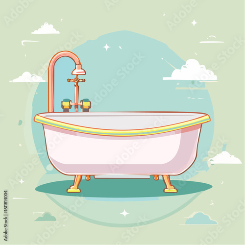 Elegant white clawfoot bathtub with a colorful rim and a tall curved copper faucet illustration.