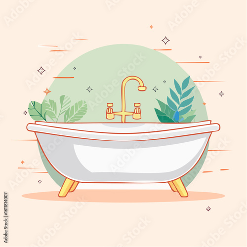 Stylish clawfoot bathtub illustration with a golden faucet and decorative green plants.
