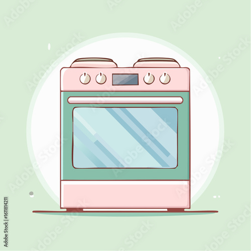 Cute cartoon illustration of a retro-style electric oven in pastel pink and teal colors.