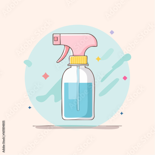Cute cartoon spray bottle with a pink trigger yellow cap and blue liquid in a flat line art style.