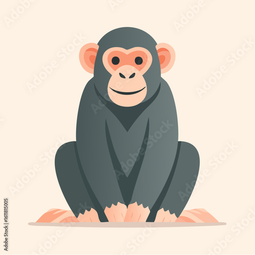 A friendly cartoon monkey with white and dark grey fur sitting in a symmetrical frontal pose.