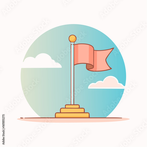Stylized pink waving flag with a forked end on a pole with a tiered yellow base.