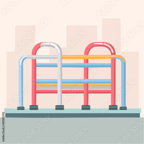 A pair of colorful medical walking frames mobility aids for seniors and rehabilitation in a flat illustration style.