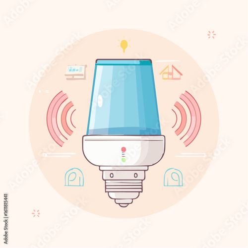 Stylized smart light bulb with a translucent blue top white base and glowing status indicator lights.