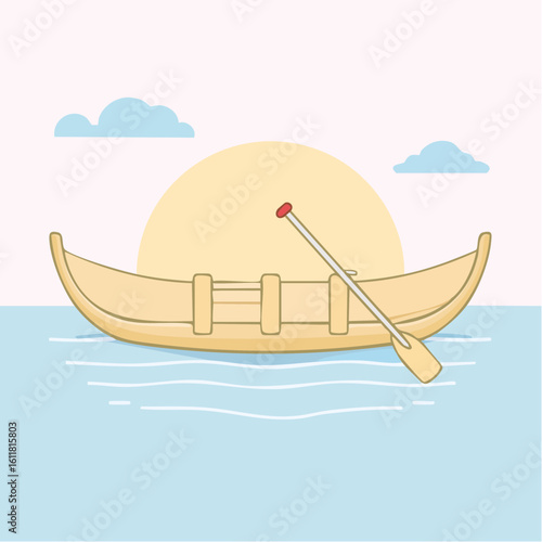 A simple yellow canoe with internal thwarts and a single resting paddle with a red grip.