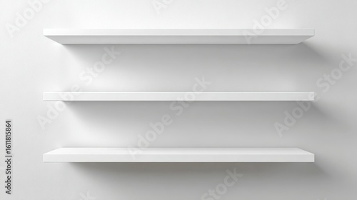 A 4K photo of 4K photo of three empty white shelves on a white wall.