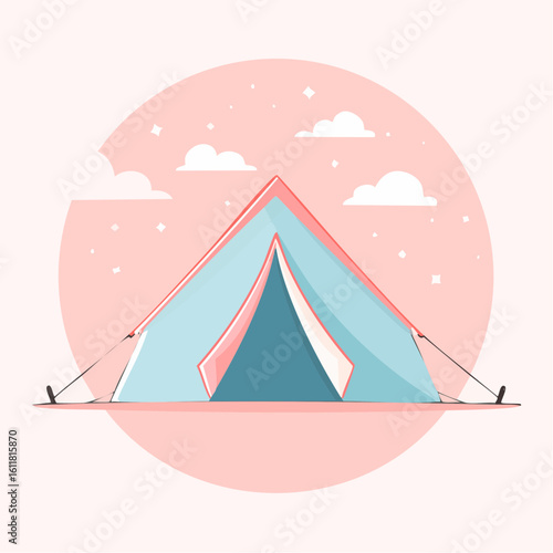 Pastel blue and pink A-frame camping tent with an open flap a minimalist flat vector illustration.