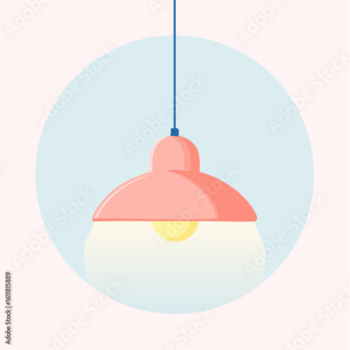Modern pink pendant lamp with a frosted glass globe and glowing yellow bulb hanging from a blue cord.