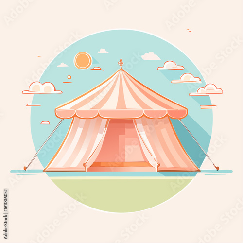 Stylized Circus Tent Illustration with Orange and White Stripes and Open Flaps.