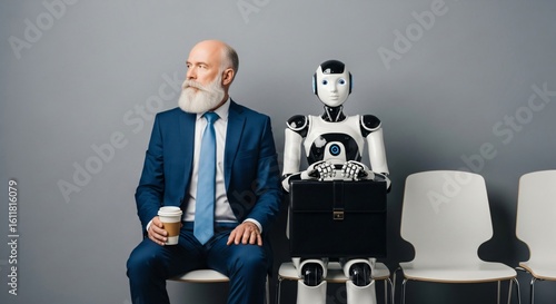 Mature businessman and futuristic robot patiently wait for interview, symbolizing future of work and technology integration in business.
