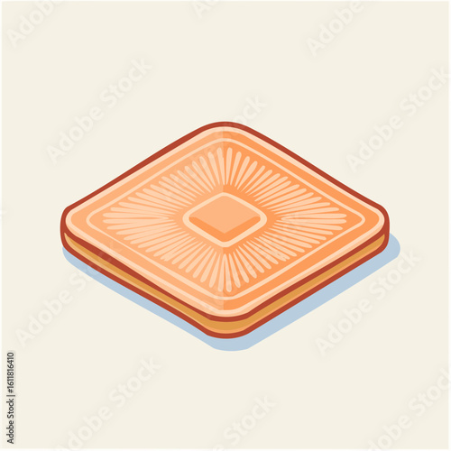 A square sandwich biscuit with an embossed sunburst pattern shown in an isometric illustration.