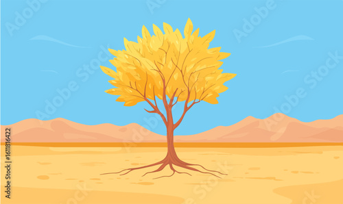 Golden autumn tree stands tall in a serene desert landscape under a clear blue sky