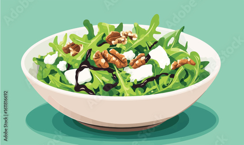 Fresh arugula salad with creamy feta, crunchy walnuts, and balsamic glaze creates a vibrant, healthy meal.