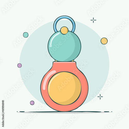 Colorful baby rattle toy with a turquoise sphere red base and blue ring handle in a flat vector style.