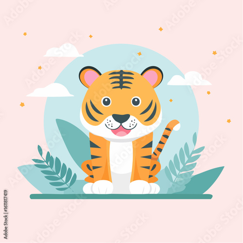 Friendly cartoon tiger cub with big eyes and a happy smile sitting in a frontal pose.