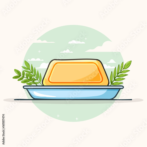 Glossy yellow bar of soap on a light blue dish flanked by fresh green leaves.