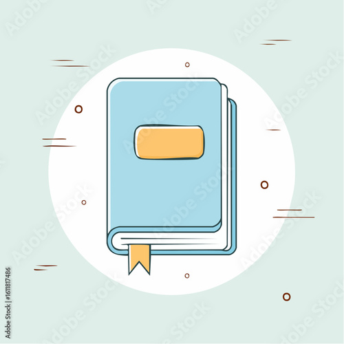 Light blue hardcover book illustration with a yellow label and bookmark.