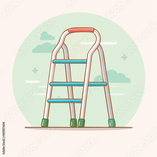 Illustrated medical walker with a white frame red handle grip and blue support bars.
