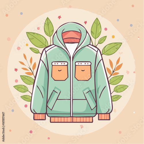 Cute cartoon mint green hooded puffer jacket with orange pockets and cuffs.