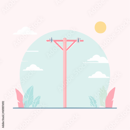 A tall pink wooden utility pole featuring a crossarm support brace and two electrical insulators.