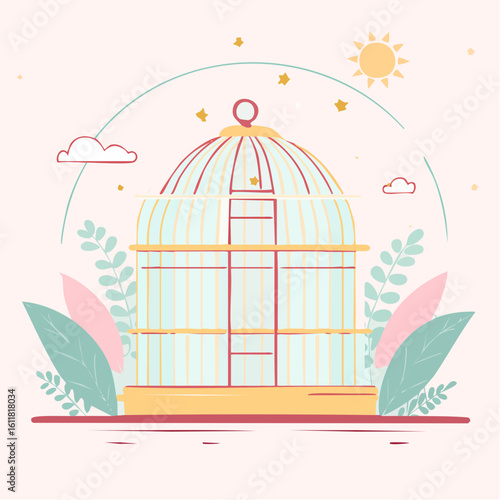 Decorative empty birdcage illustration with a domed top red outlines and pastel yellow and blue colors.