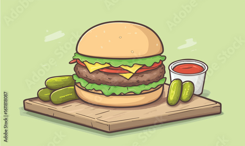 Juicy hamburger with pickles and ketchup on wooden board, delicious fast food meal