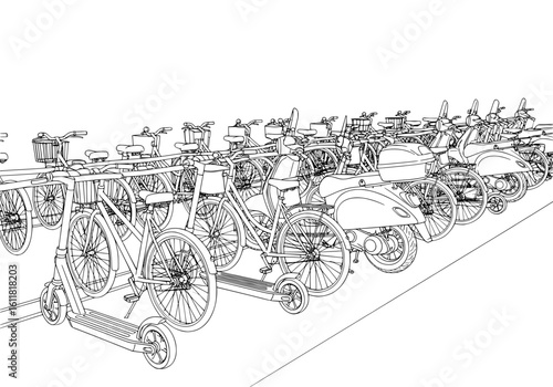 Stylish electric scooters and bicycles lined up for urban commuting and eco-friendly transport