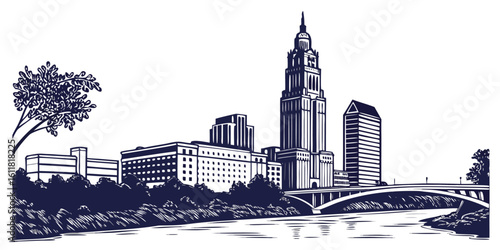 Columbus skyline vector silhouette showcasing the LeVeque Tower, Rhodes State Office Tower, and the Scioto River. Perfect for Ohio-inspired prints and urban-themed projects.