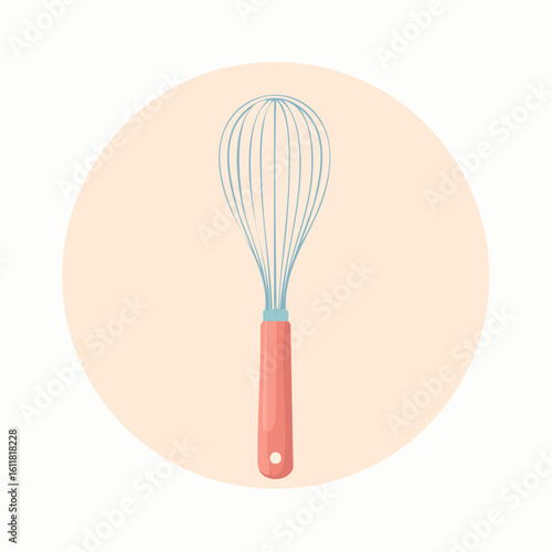 Stylized illustration of a kitchen balloon whisk with a pink handle and thin blue wires.