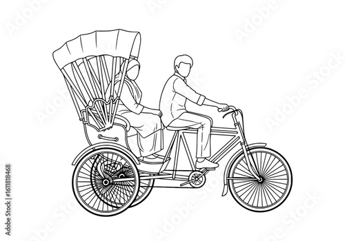Vintage rickshaw transport with driver and passenger creates nostalgic journey through bustling city streets