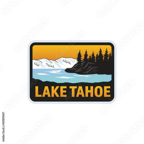 Lake Tahoe Badge Stickers Patch Vector illustration with lake, tree, mountain and sunset