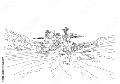Futuristic Mars rover explores alien terrain, capturing scientific discovery and pioneering spirit