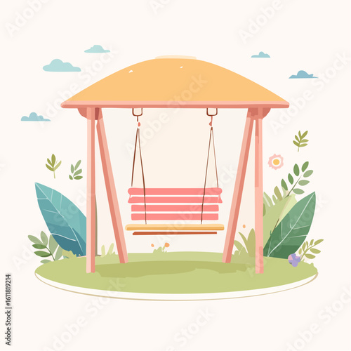 Charming pastel garden swing with a yellow canopy illustrated in a flat minimalist style.