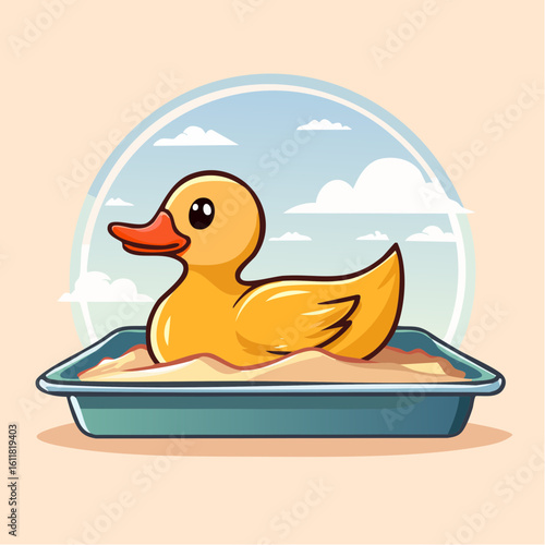 Cute yellow rubber duck with a vibrant pink beak sitting in a sand-filled tray.