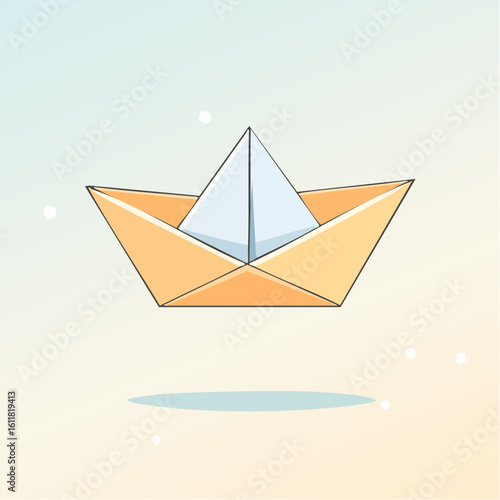 Stylized orange and blue origami paper boat with thin black outlines and simple shading.