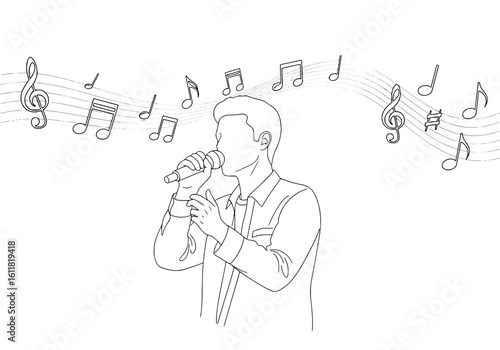 Dynamic male vocalist captivating audience with powerful performance and musical notes floating around him