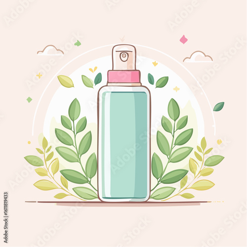 Pastel cosmetic spray bottle with a pink cap surrounded by fresh green botanical leaves.
