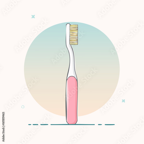 Pink and white toothbrush with yellow bristles in a clean minimalist illustration style.