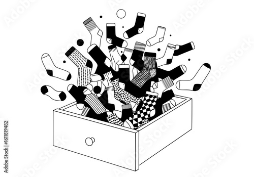 Playful socks overflow from an open drawer creating a whimsical, dynamic visual for fashion and lifestyle themes.