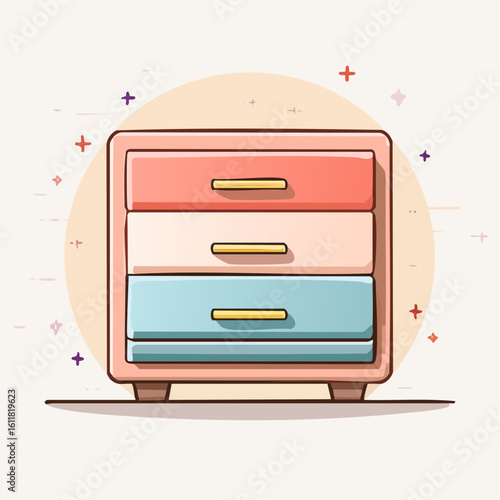 Cute cartoon dresser with a pink frame three drawers and shiny golden handles.