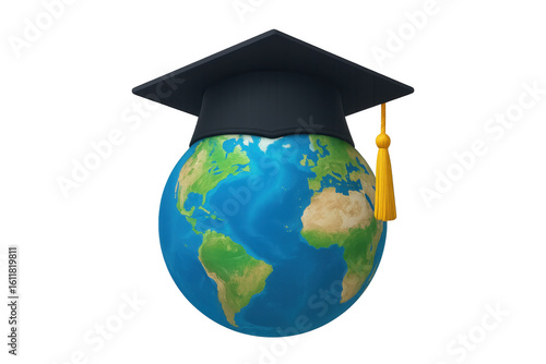 Earth globe wearing graduation cap promoting global education on transparent background