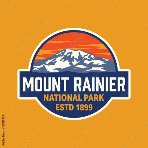 Mount Rainer National Park Badge Patch Emblem Stickers Vector illustration with sunset view