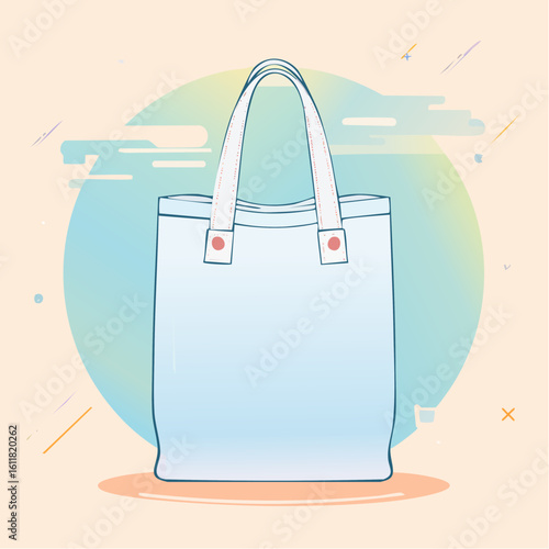 Minimalist white tote bag illustration with blue outlines stitched straps and red rivets.