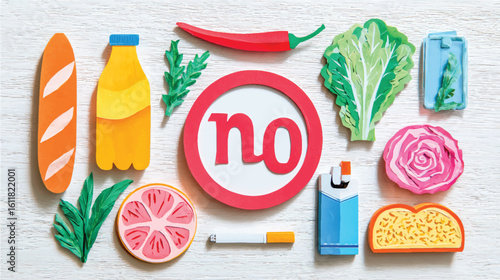 Healthy Lifestyle Choices vs Unhealthy Habits Concept with Food and Cigarettes in Vivid Colors Top View