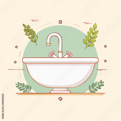 Cartoon illustration of a white ceramic pedestal sink with a curved gooseneck faucet and pink handles.